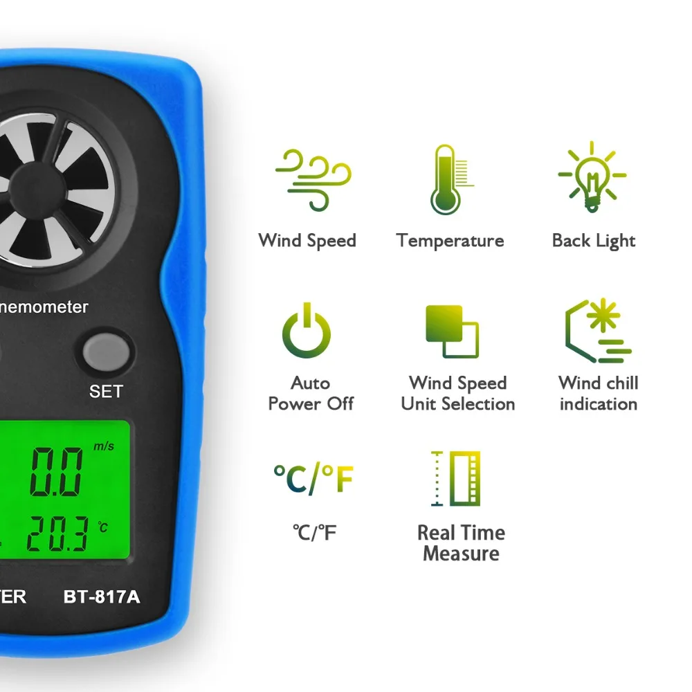 BTMETER BT-817A измеритель скорости ветра, портативный Анемометр цифровой датчик термометр, скорость воздуха и измерение температуры для HVAC