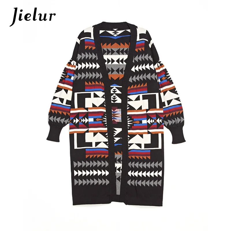 Jielur Winter Europe Leisure Long Cardigan Geometric Pattern Printed Sleeve Lady's Sweater for Women Warm Knitted Cardigans |