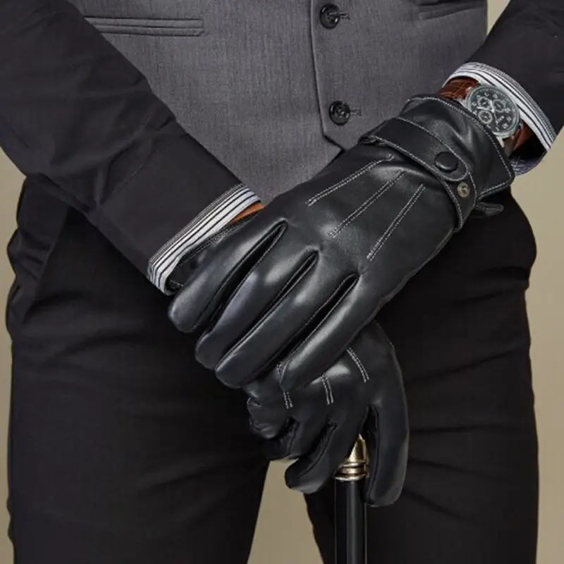 Мужские классические черные зимние кожаные перчатки для вождения с сенсорным