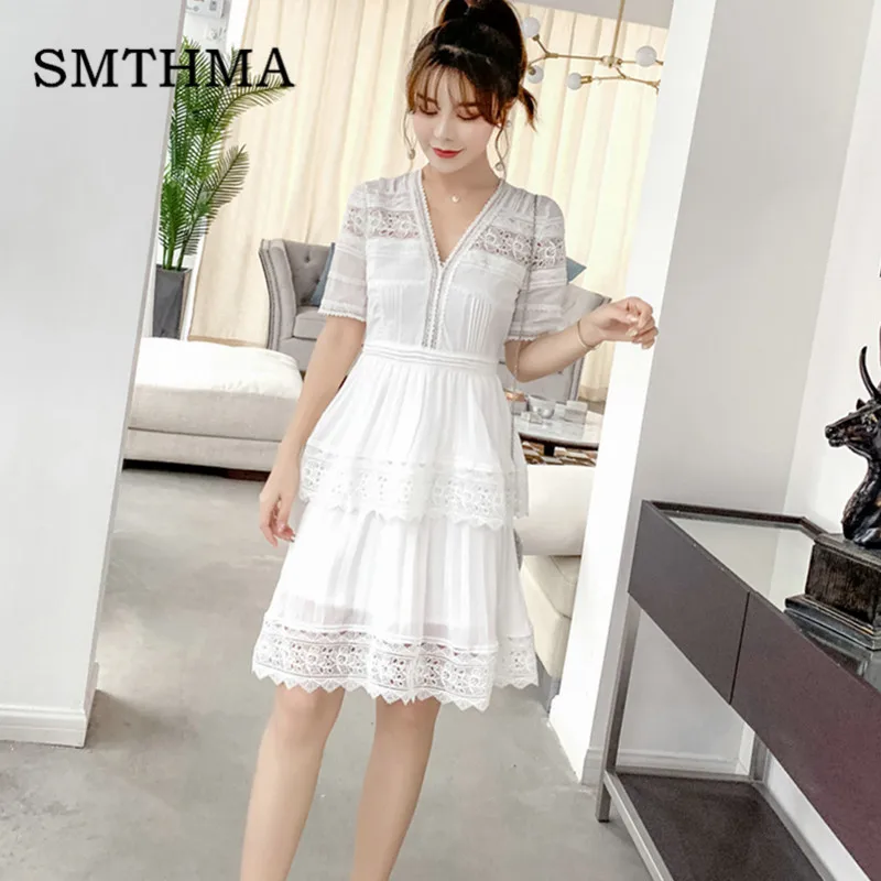 Photo Color SMTHMA женское летнее платье, новинка, модное, элегантное, облегающее, повседневное, вечерние, Пляжное, подиумное, мини, белое, кружевное, с коротким рукавом, плиссированное платье - Цвет: Photo Color