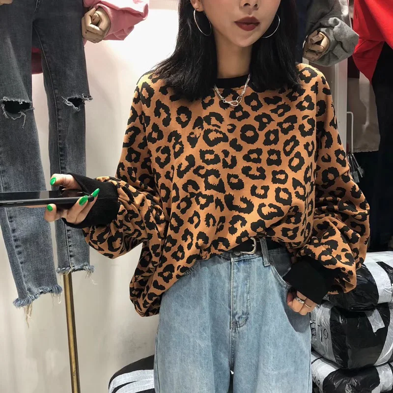 Vogue Для женщин 2018 полный Leopard Мода толстовки с длинными рукавами и круглым вырезом