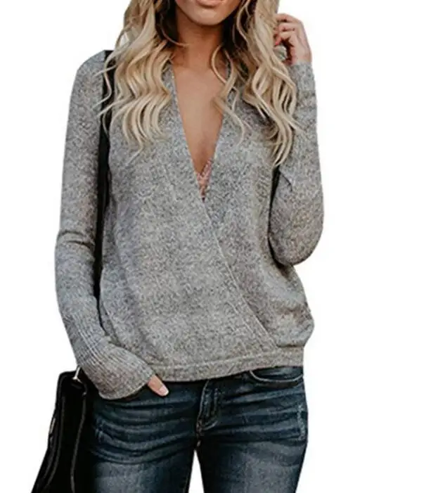 2018 Europe and America Autumn Winter new sweater women's V-neck rabbit velvet stitching crossover sweate | Женская одежда