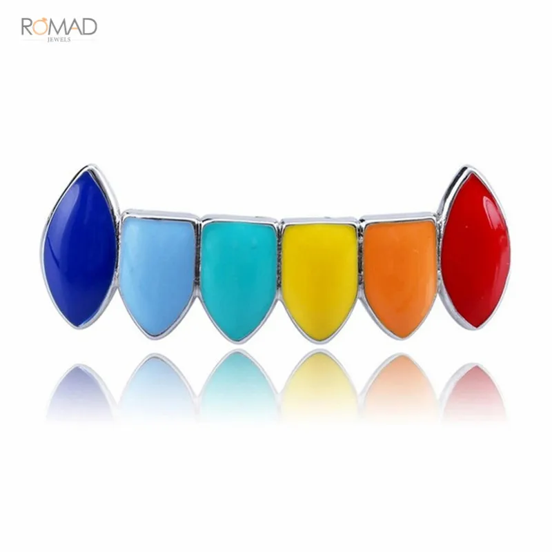 Silver Bottom Romad, хип-хоп, золотые, серебряные, радужные зубные решетки, верх и низ, цветные грили, стоматологические, на Хэллоуин, вечерние, в стиле панк, украшения для тела W3 - Окраска металла: Silver Bottom
