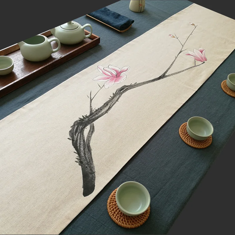 Двухслойный чайный столик из льна с ручной росписью Zen хлопковый коврик флагом