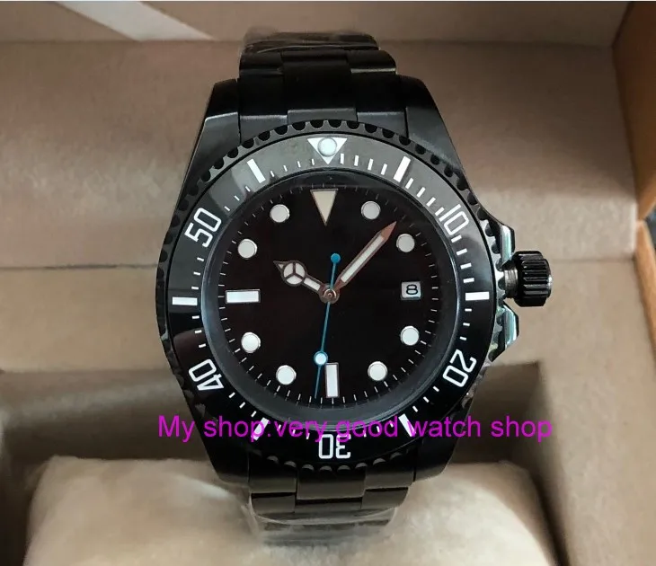 

43mm PARNIS black dial Black ceramic Bezel Automatic Self-Wind movement Men Watch luminous Mechanical watches pvd case PA46-8