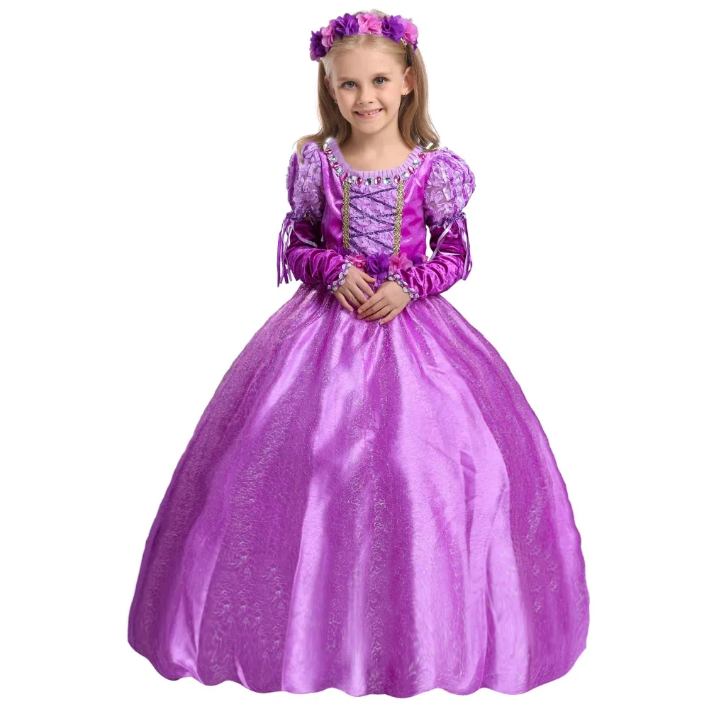 2017 Rapunzel Cosplay Dress Children Girls Long Hair Princess Halloween Costume Clothes Kids Clothing with Sleeves Garland | Детская