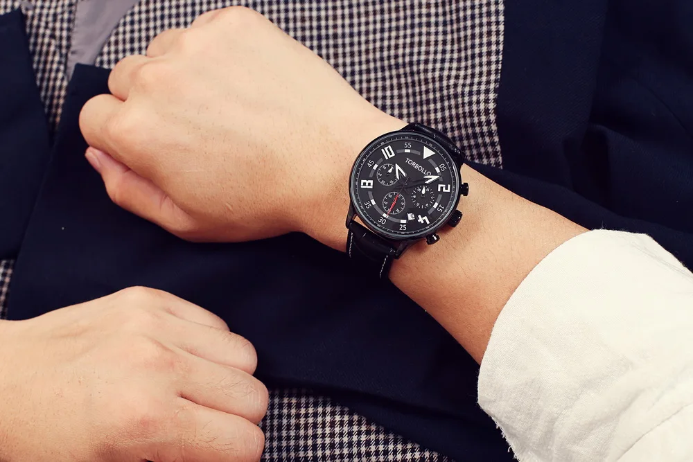 Ремешок из натуральной кожи черного цвета чехол черный циферблат хронограф Для