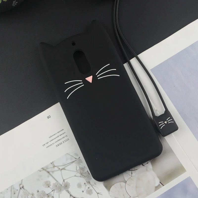 Милый 3D мультяшный силиконовый чехол для Nokia 6, чехол s, Япония, блестящая борода, кошка, кошечка с милыми ушками, чехол для телефона Nokia 1 2 - Цвет: HuxuBlack With Rope