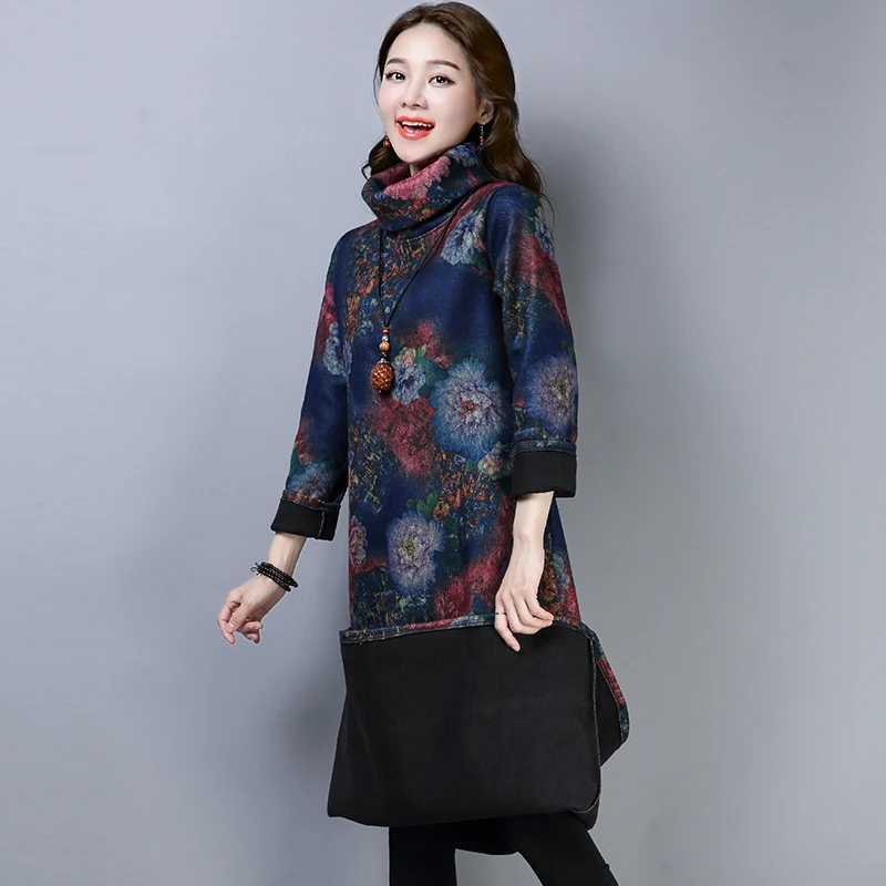 Новое осенне-зимнее бархатное шерстяное платье с принтом в стиле ретро 2018