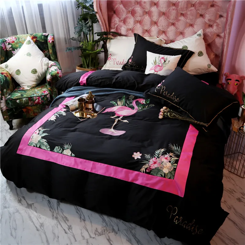 Черный белый фиолетовый синий роскошный Фламинго Цветы Вышивка постельное белье
