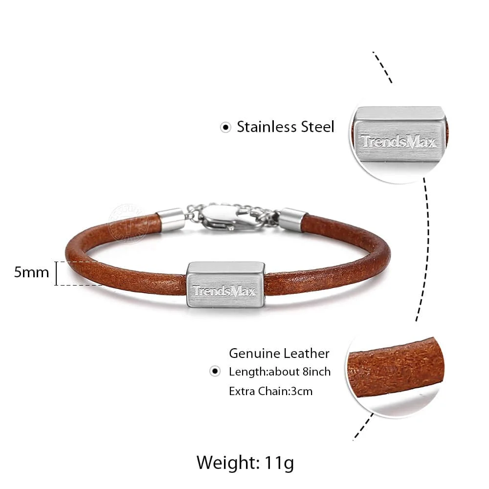 Custom logo Name Engrave Genuine Leather Bracelet& Bangle Stainless Steel Charm Bracelet for Men Women Jewelry Gift TBLM01