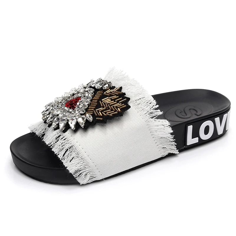 2018 женская дизайнерская обувь из джинсовой ткани с кристаллами шлепанцы на