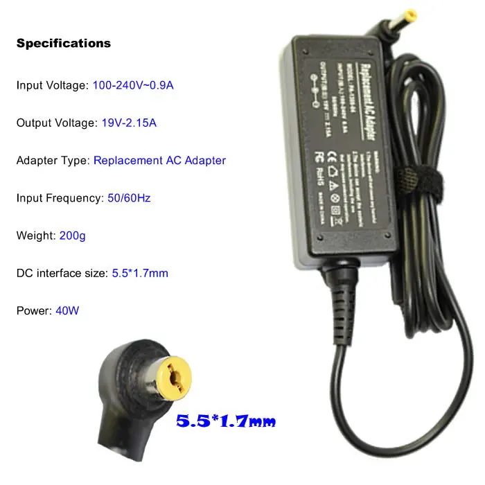 JIGU замена 19V 2.15A 5 5*1 7 MM 40W для ноутбука Acer Aspire One A150 D150 D250 D260 D270 W500 AC зарядное