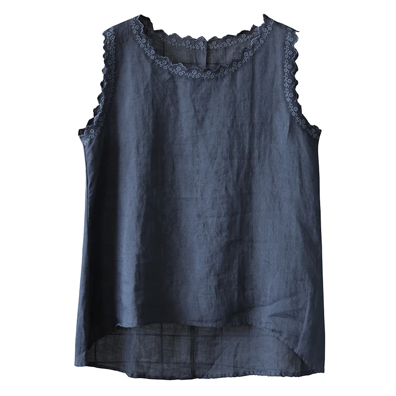 

2019 new summer women embroidery loose Literary linen tank tops female summer cotton and linen sleeveless tops