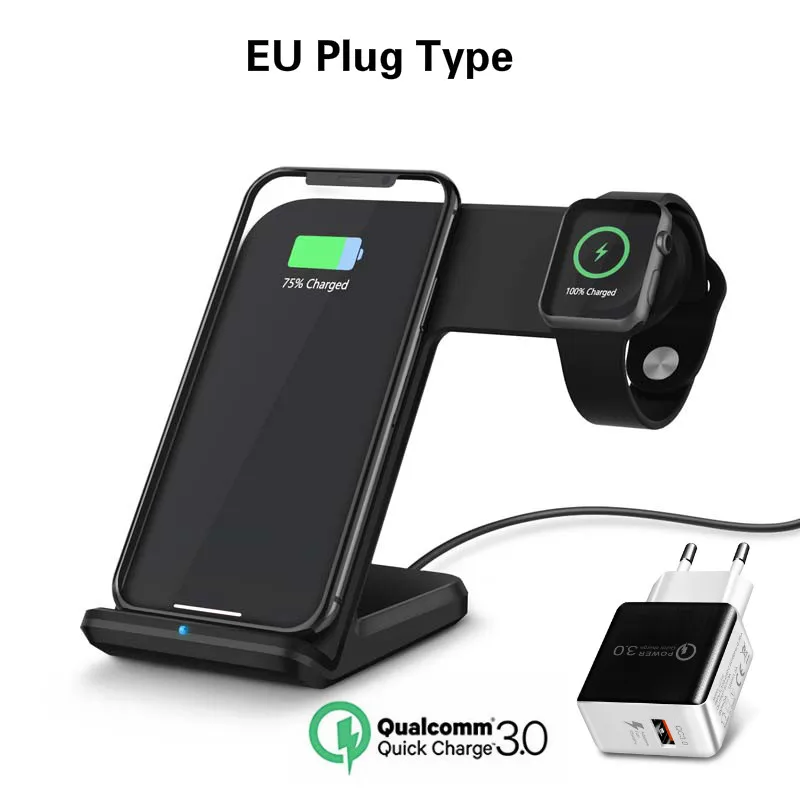 Black EU Qi Беспроводное зарядное устройство, телефон, часы, быстрая зарядка, Мобильный держатель для Apple Watch 3 2 1 для iphone XS MAX XR X 8 Plus samsung S9 S8 - Цвет: Black EU