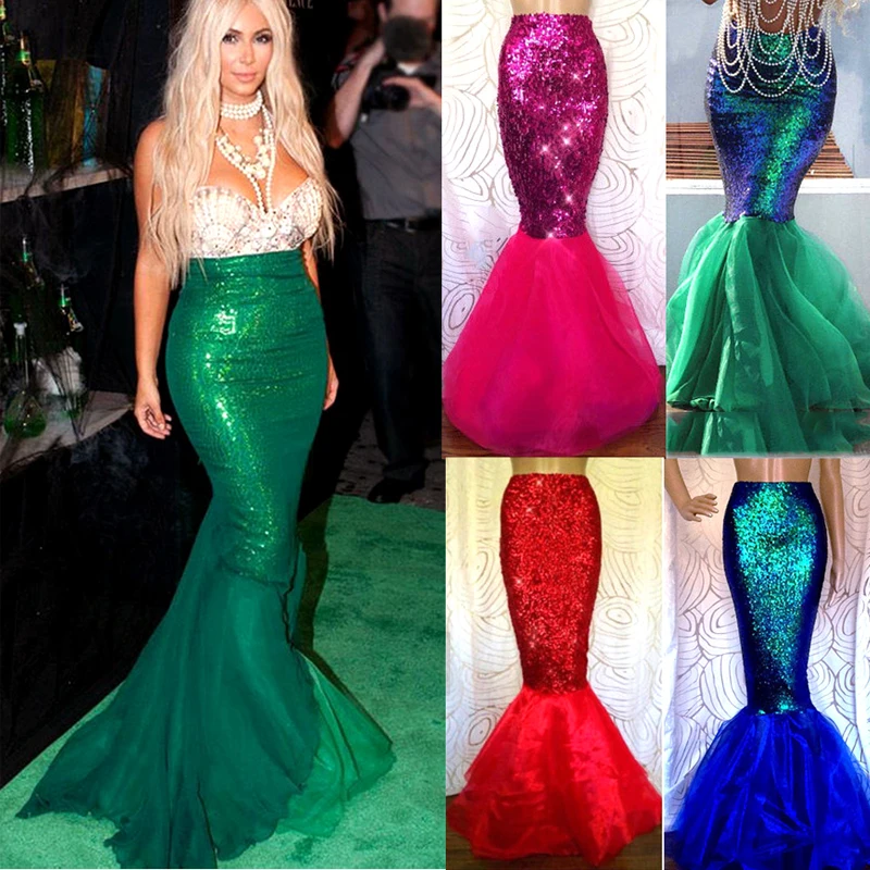 Женский костюм русалки с блестками длинная облегающая юбка макси для