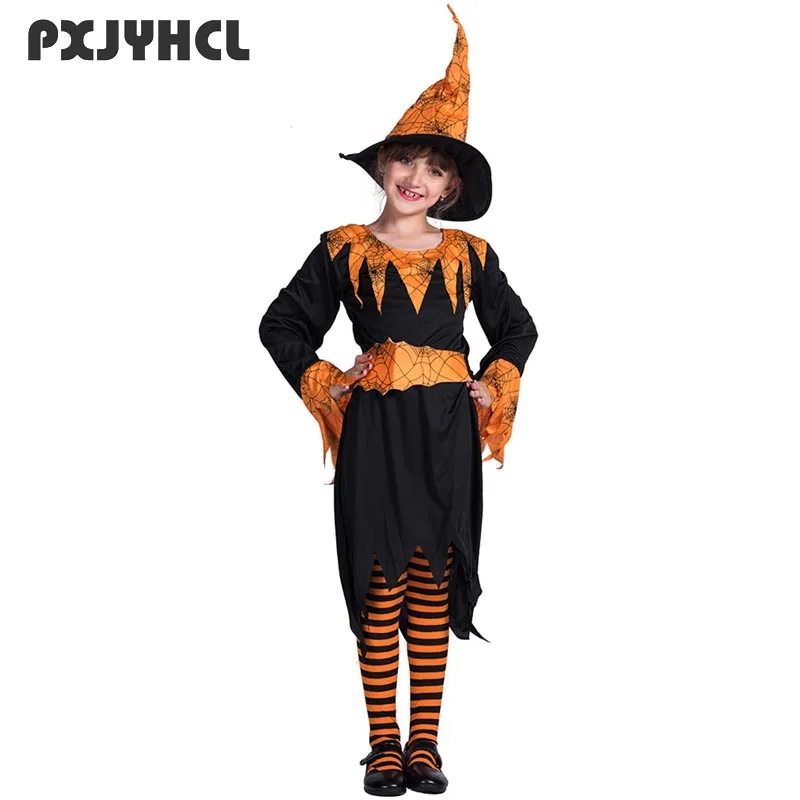 Костюм Ведьмы из тыквы для девочек на Хэллоуин, детское короткое платье для костюмированной вечеринки, Детские вечерние костюмы для костюм...