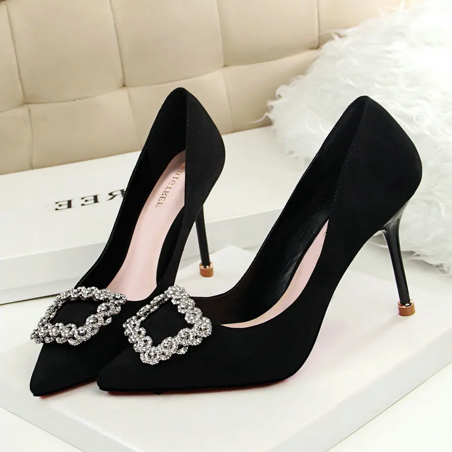 Модные женские свадебные туфли Стразы с квадратной пряжкой 90 мм на шпильках