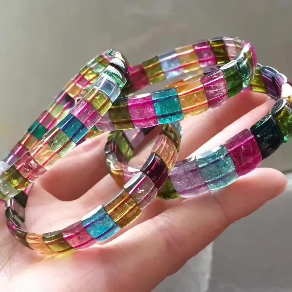 

free shipping Natural Colorful Tourmaline Crystal Rectangle Beads Bracelet