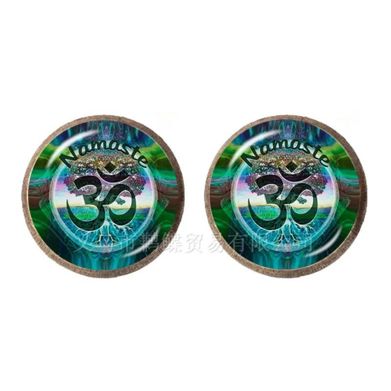 Серьги-пусеты из стекла с изображением мандалы 12 мм кабошонами и сакральной