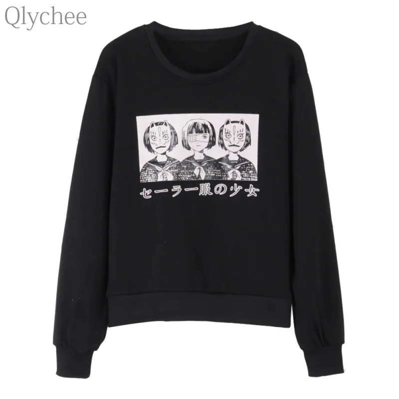 Qlychee/женский черный пуловер в стиле Харадзюку Японская Маска-Аниме толстовка с