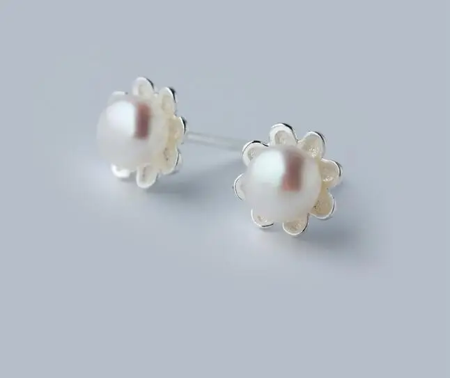 7 мм * 5 мм. 925 sterling silver Пресноводных Культивированный Жемчуг Цветок Серьги