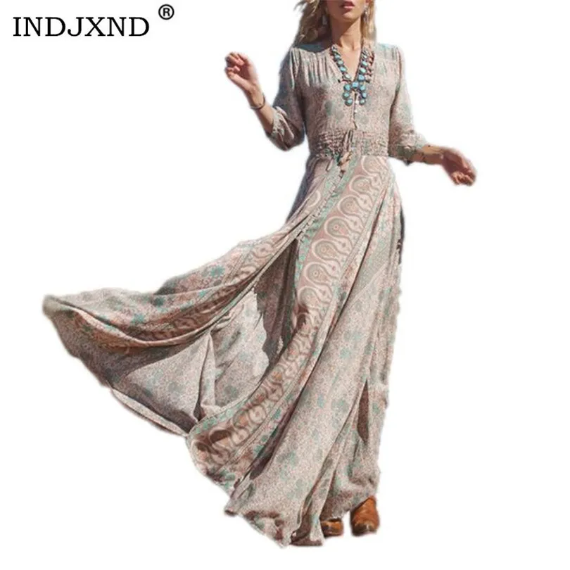 

INDJXND Women Summer Floral Print Long Maxi Dress Lantern Sleeve Split Sexy Maxi Dress Evening Party Bandage Bodycon Dresses