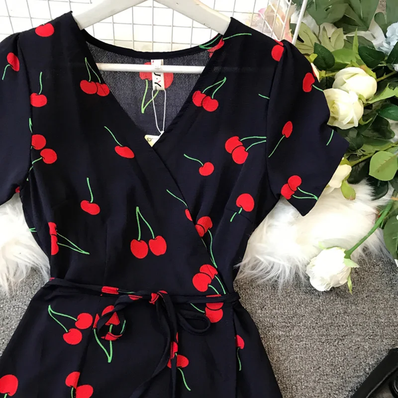 Шифоновое женское летнее платье с принтом вишни новинка 2020 винтажные бандажные