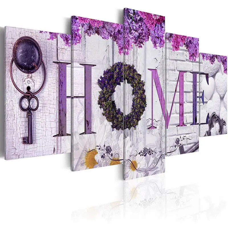 Home Pritns Violet Wreath Wall Art 5 Pieces Purple Flower Poster Modern Canvas Painting Modular Pictures Wedding Room Decoration|Рисование