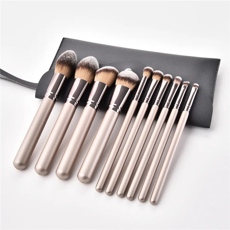 10Pcs/set Makeup Brushes Set With Leather Bag Wooden Handle Champaign Gold For Eyeshadow Blush Brushes Cosmetic Tools Kits