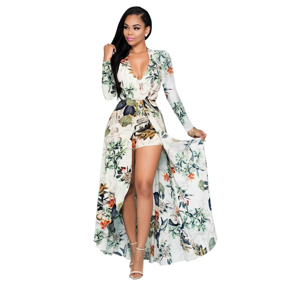 White Jumpsuit Сексуальные шифоновые пляжные комбинезоны с длинными юбками с длинным рукавом в богемном стиле женские льняные комбинезоны с цветочным принтом Boho - Цвет: White Jumpsuit