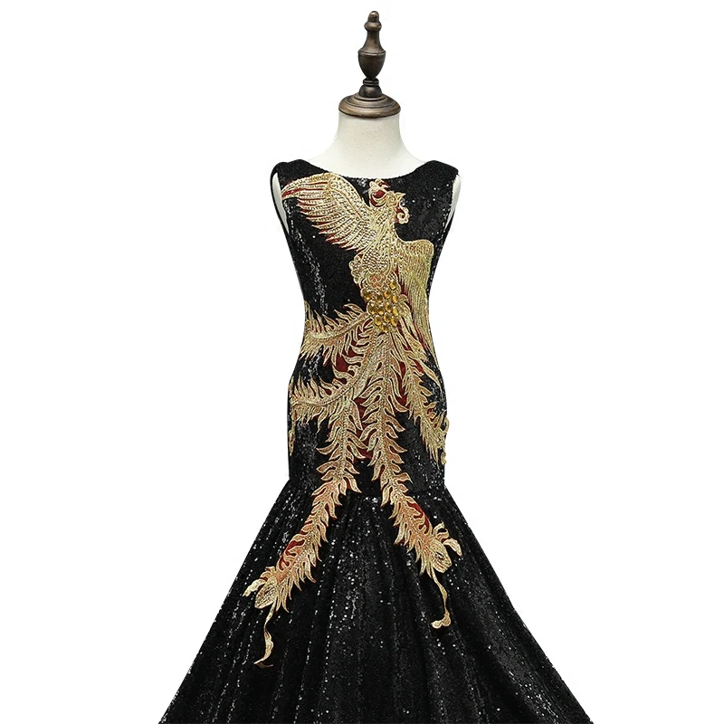

Luxury Trailing Mermaid Princess Dress Wedding Sequined Evening Party Gown Black Sleeveless Kids Pageant Dresses A117