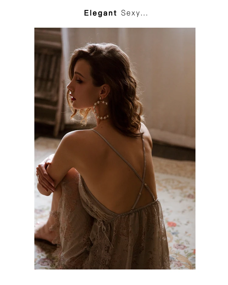 Sexy Lingerie Nightgowns Four Seasons Suspender V-neck Nightdress Ladies Sleepwear Sling Lace Sheer Cross Back Night Sleep Dress