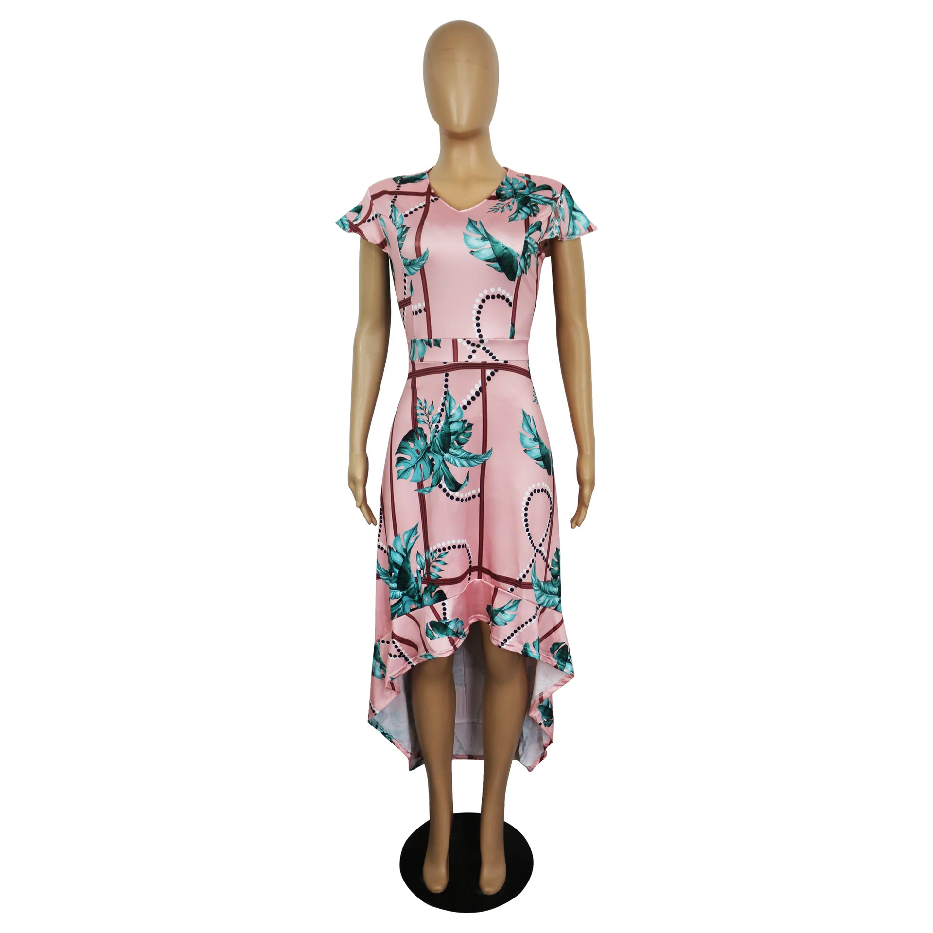 

HAOOHU Elegant Ladies V-neck Maxi Long Package Hip Dress Summer Women Fashion Geometric Printed Bandage Ruffles Party Dresses