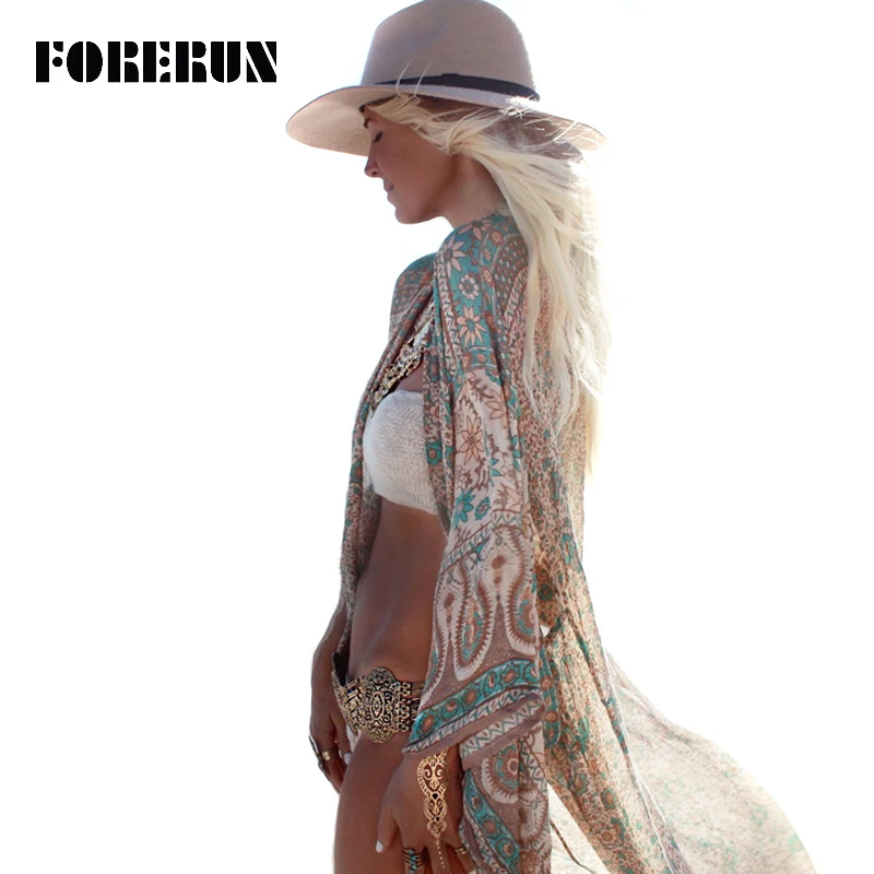 FORERUN 2017 богемное пляжное Свободная Женская блузка шифоновое кимоно с цветочным