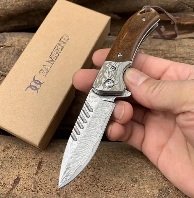 Damascus blade Зеленый сандаловый дамасский складной нож многофункциональные инструменты портативные охотничьи карманные ножи Дамасские/D2 Ножи EDC Открытый инструмент - Цвет: Damascus blade