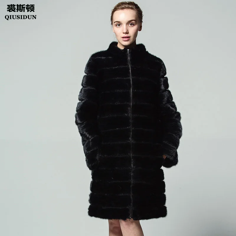 QIUSIDUN Mink Fur Coat Beautiful Coats Women Fur Coat Fashion Slim Mink Fur For Women  Mink Tail  Black New
