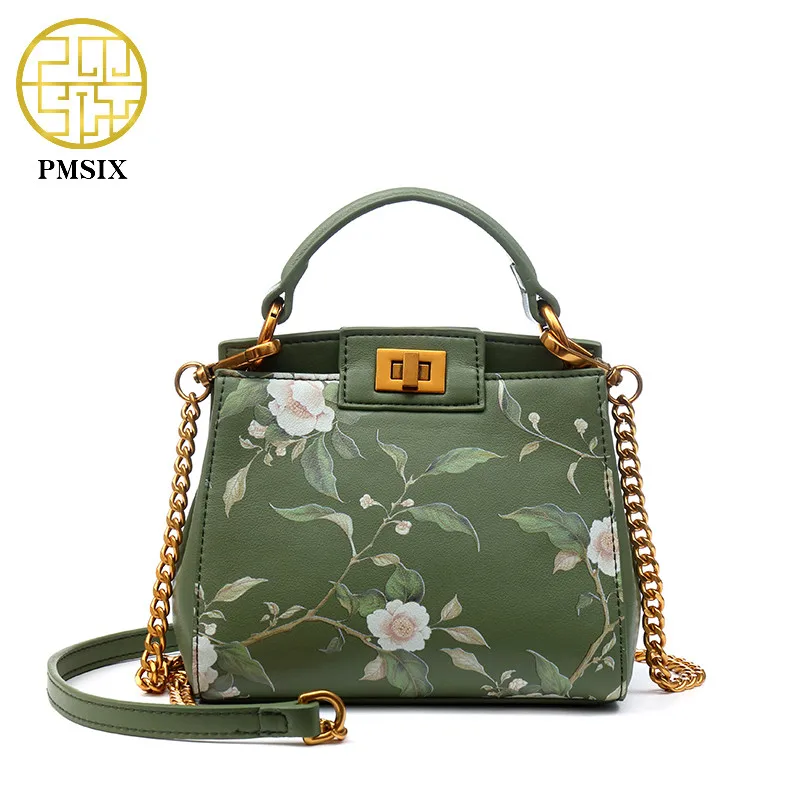 PMSIX 2020 винтажная кожаная женская сумка с цветочным принтом дизайнерские мини