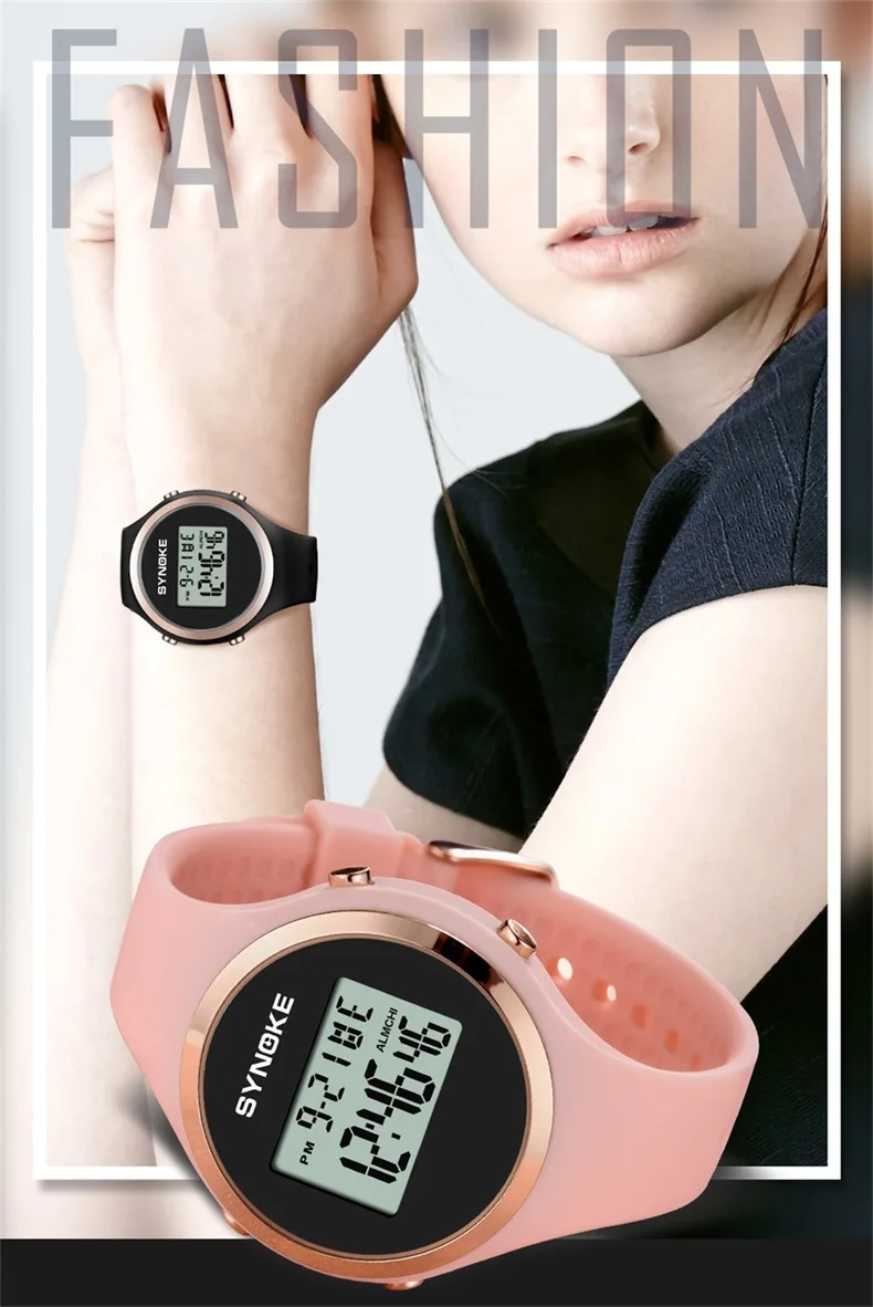 SYNOKE Women Sport Watch Pink Silicone Digital Candy Color Alarm Chronograph Multifunction Fashion Gril Wristwatch