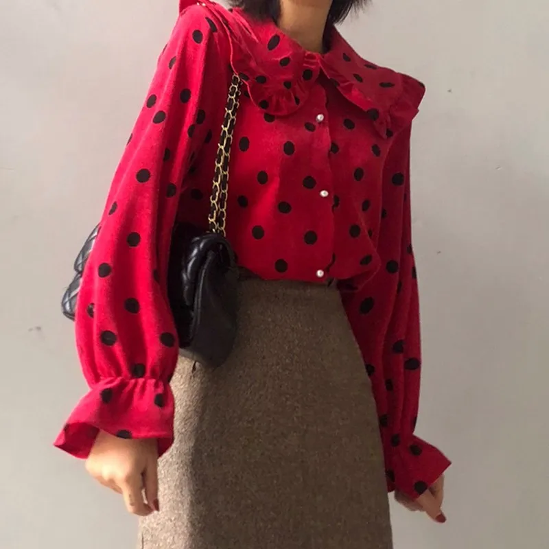 Блузка женская в горошек модная Вельветовая рубашка ретро стиле хлопковая с