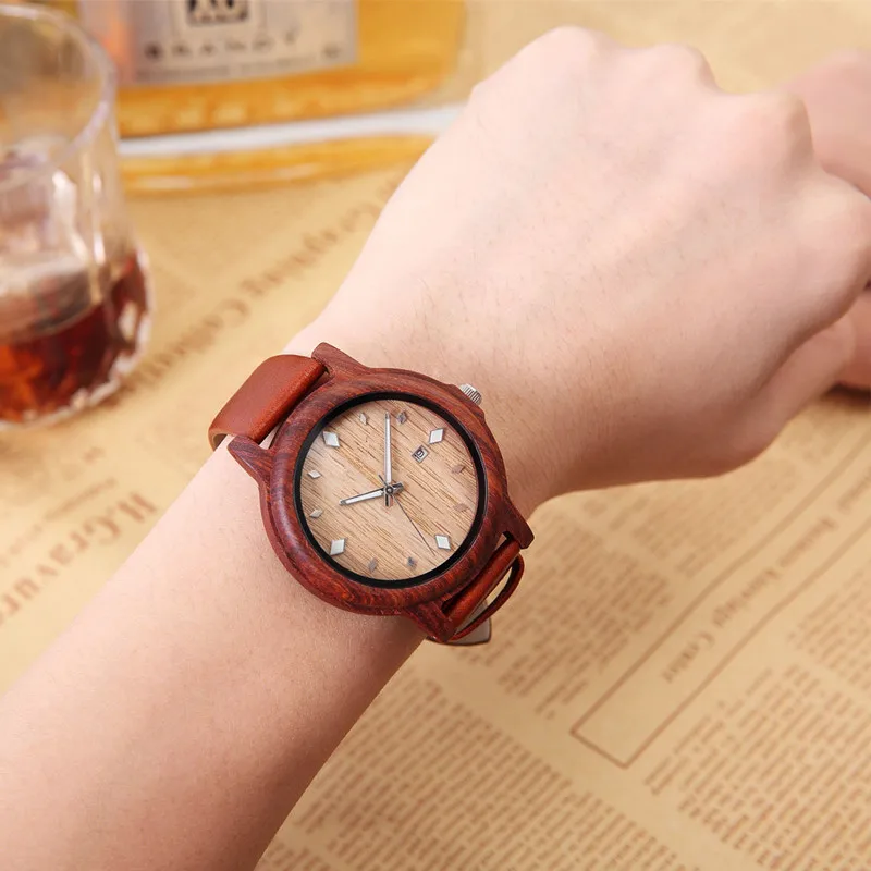 Часы ELMERA Wood для мужчин кожаные карнавальные часы подростков с красным деревянным
