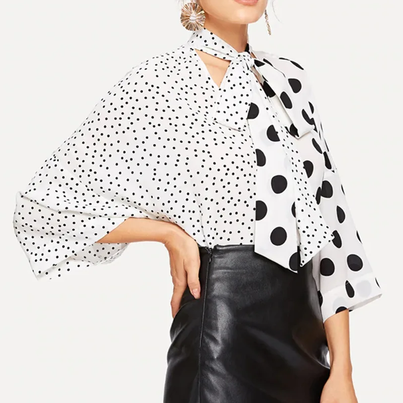 

New 2020 pring Summer Black And White Stitching Nine Quarter Dot Print Shirt Fashion V-Neck Tie Casual Shir BS275