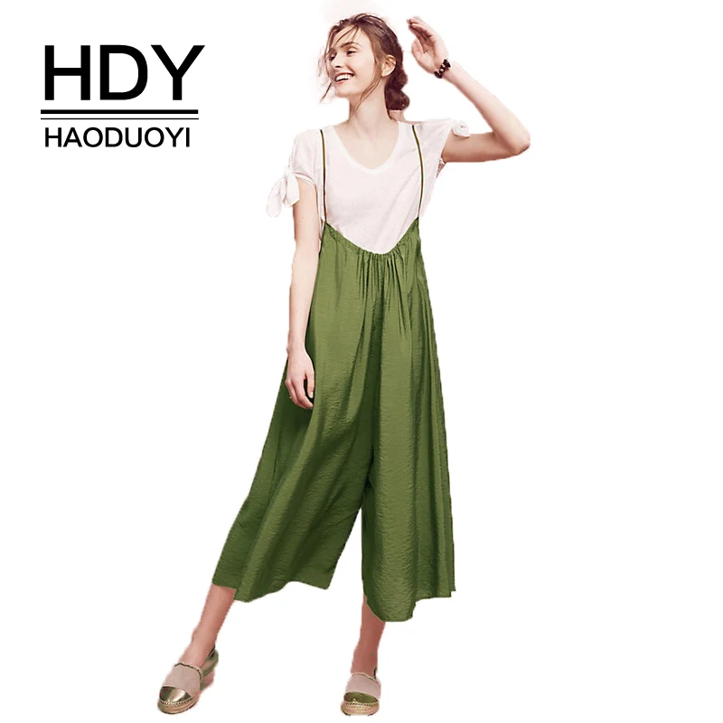 Женский комбинезон HDY HaoDuoYi на бретельках с зелеными пуговицами повседневные