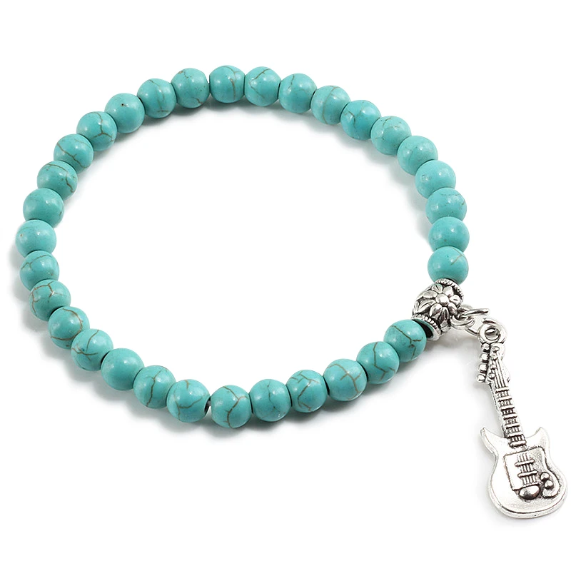 Браслеты из натурального камня с бусинами цветные бирюзовые Серебристые
