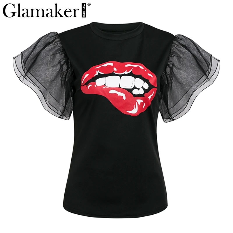 Glamaker, принт с губами, мультяшная Сексуальная футболка, женская белая, сетчатая, с рюшами, расклешенная, короткий рукав, Повседневная футболка, женская, летняя, облегающая, топ, тройники