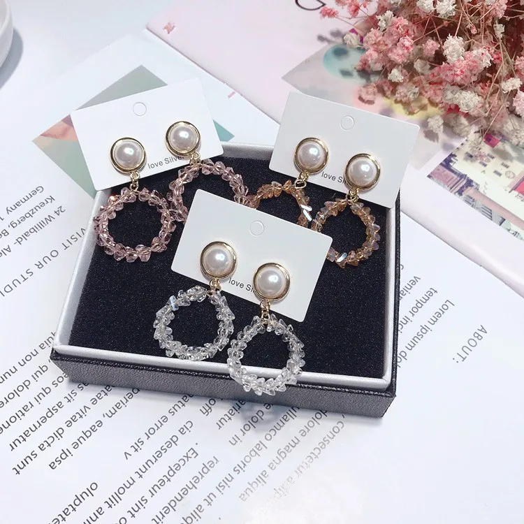 circle geometric crystal pearl earring 925 silver post Hypoallergenic fadeless fashion jewelry stud earrings for women gift | Украшения и