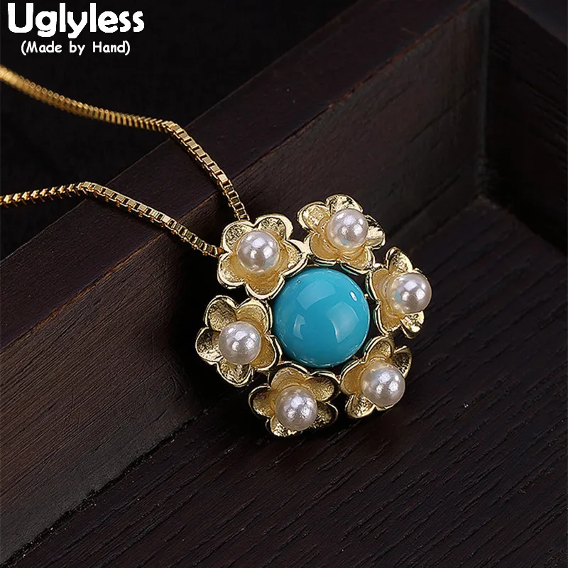 

Uglyless 100% Real 925 Sterling Silver Handmade Flower Chokers for Women Natural Turquoise Necklaces With Chains Pearls Pendants