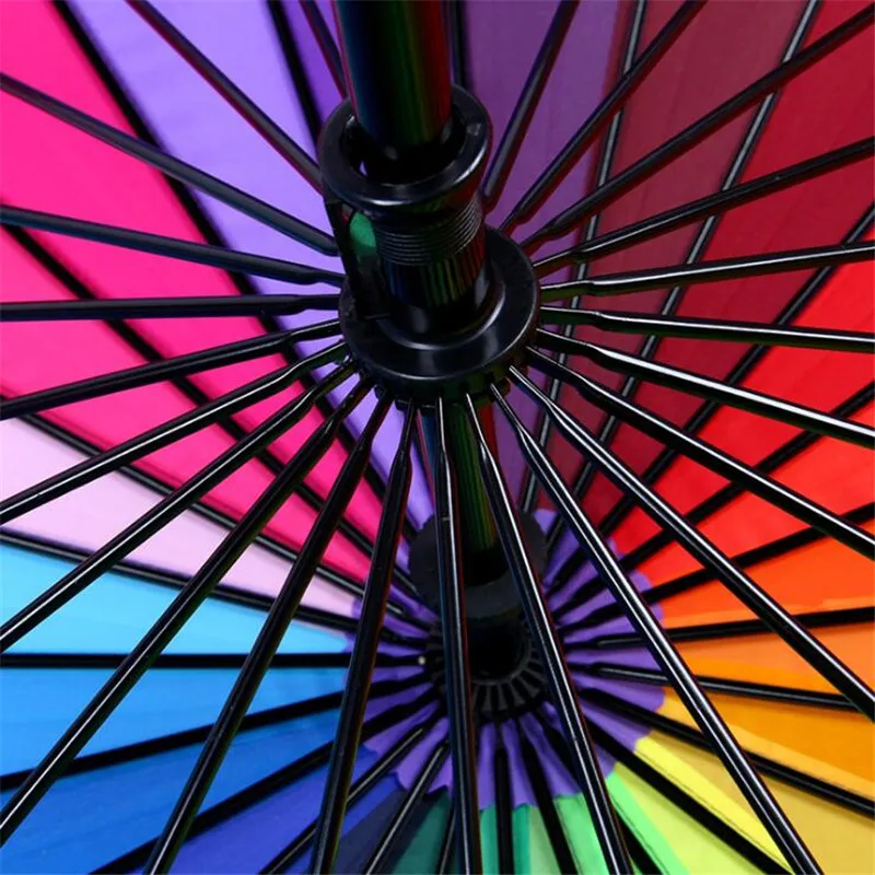 

Large windproof long handle umbrellas for female men's rain gear 24 Ribs rainbow umbrella