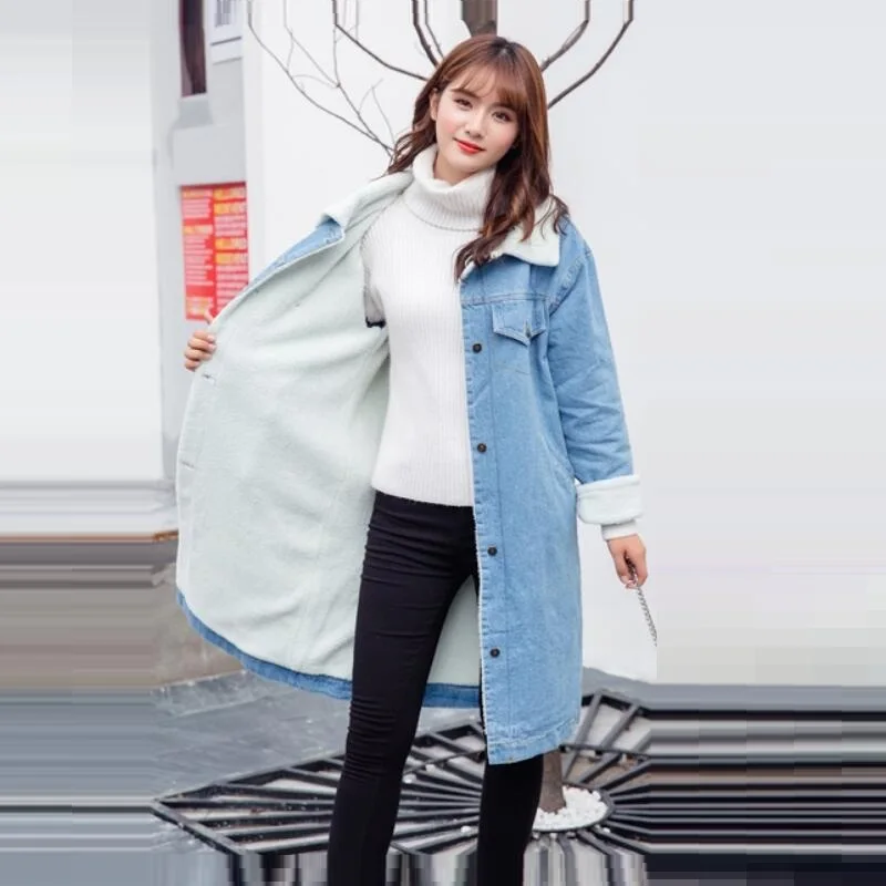 Женская джинсовая куртка элегантная винтажная длинная из денима Осень зима