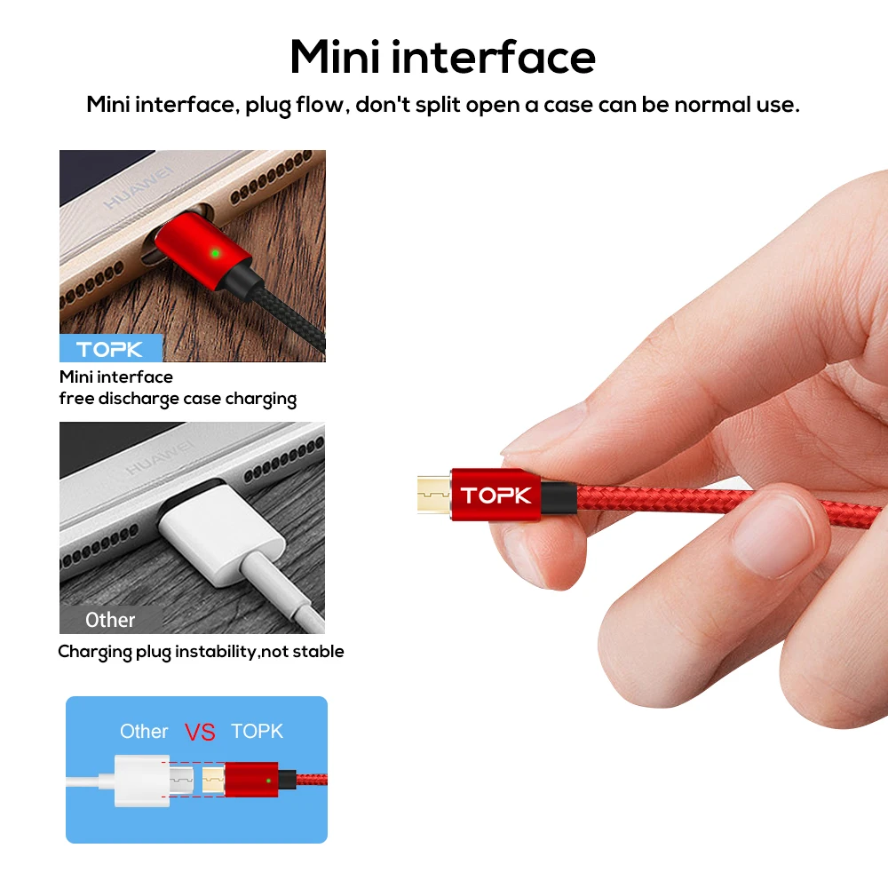 TOPK F-Mini1 Магнитный кабель usb Тип C и Micro USB нейлоновый светодиодный Плетеный